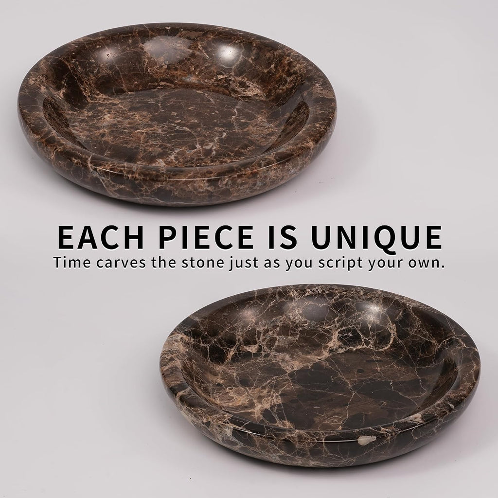 Brown Marble Jewelry Tray - Stone Trinket Ring Key Purse Holder Dish, Small Cute Round Plate Decorative Bowl for
