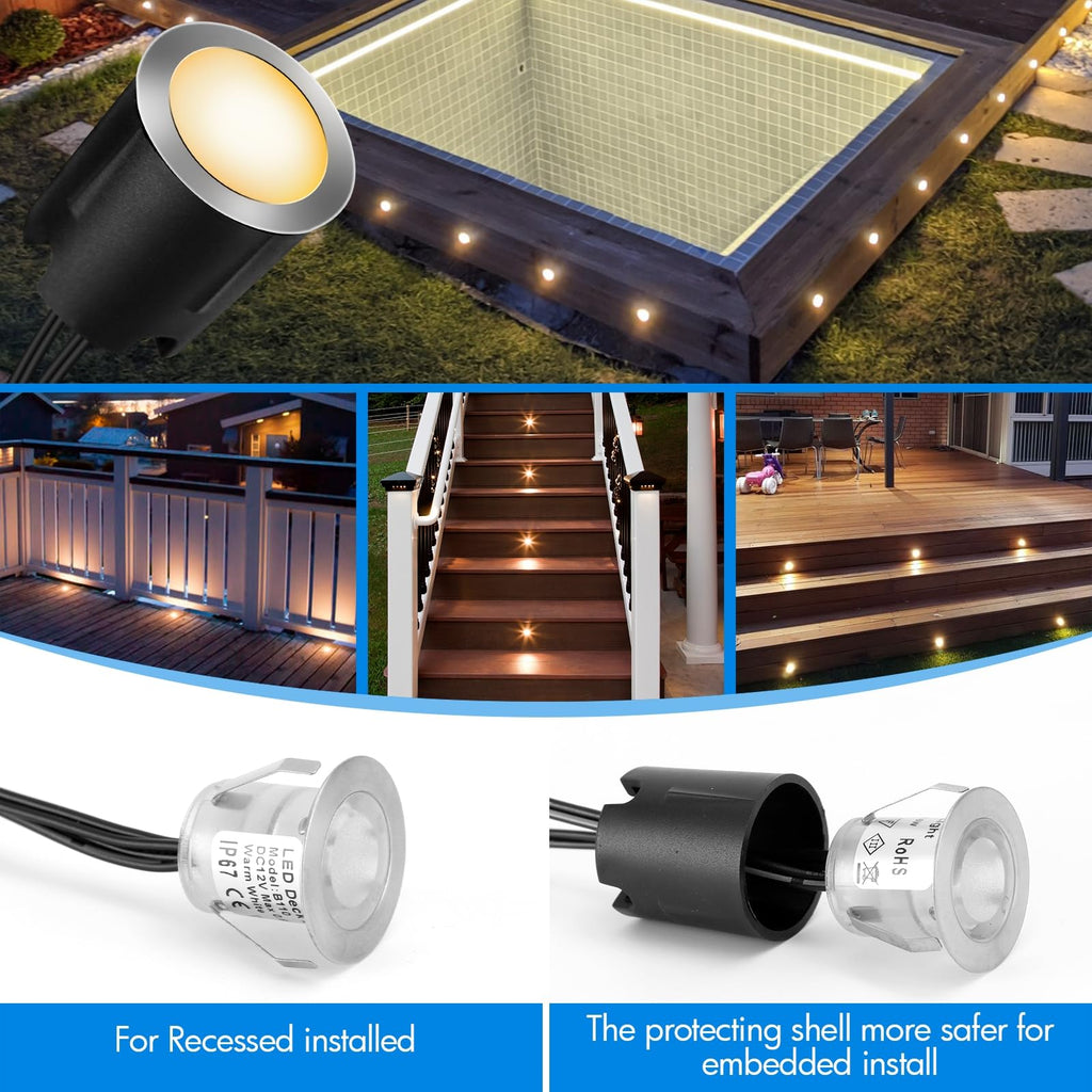24 Pack LED Recessed Deck Lights with Protecting Shell, IP68 Waterproof Warm White, 0.6W, Outdoor Landscape
