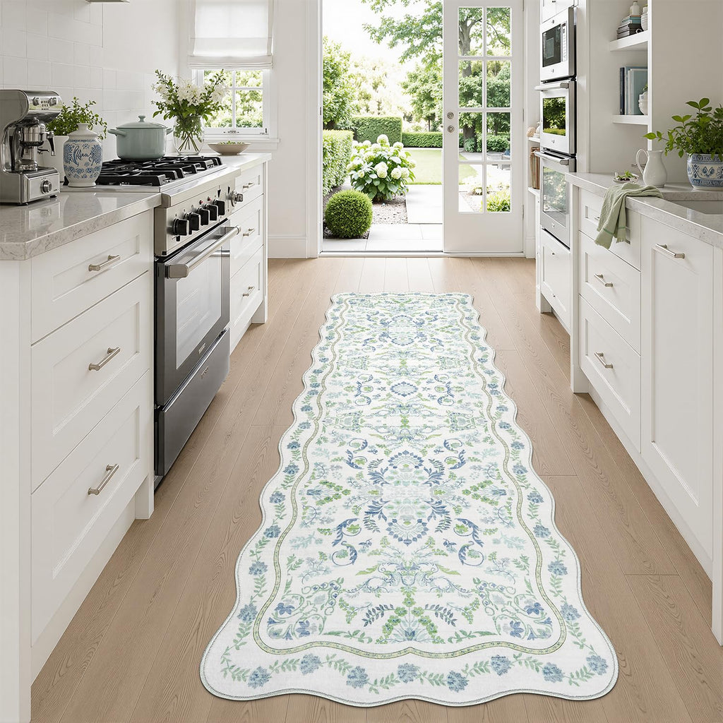 Blue and Green 2x6 Runner Rug, Washable Botanical Scalloped Rug