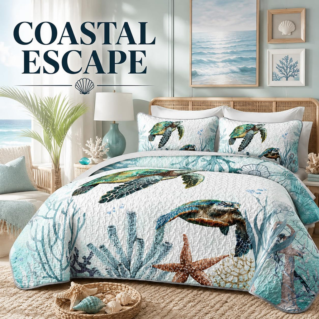 Sea Turtle Bedding Quilt Set, Teal Blue Ocean Beach Coastal Bedspread Coverlet, 3 Pieces Soft Lightweight