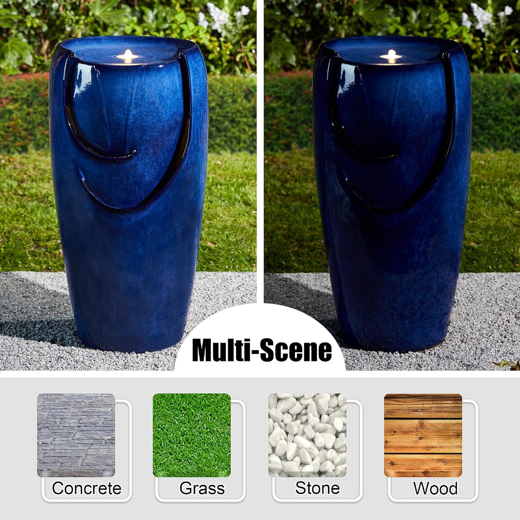 29.25" H Outdoor Water Fountain Ceramic Jar Water Fountain with LED Light and Submersible Pump Vase Freestanding