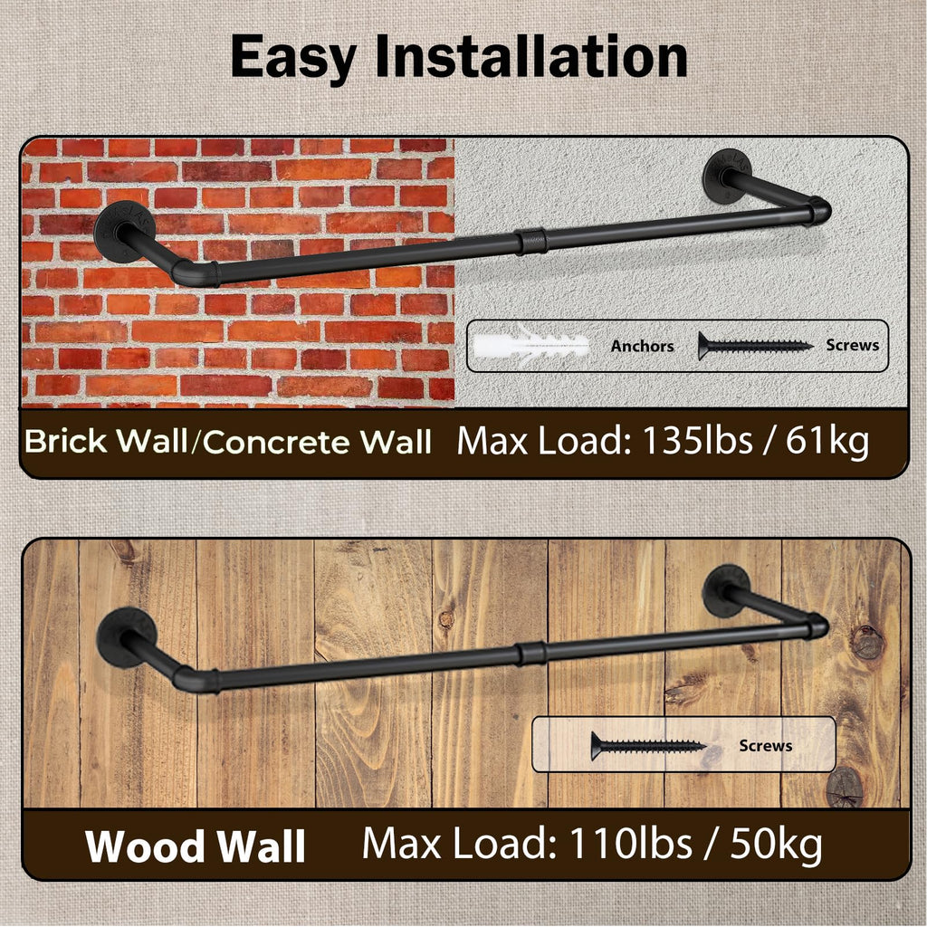 Wall Mounted Clothes Rack 38.4in, Industrial Pipe Wall Mount Clothing Rack, Heavy Duty Iron Garment Racks, Space