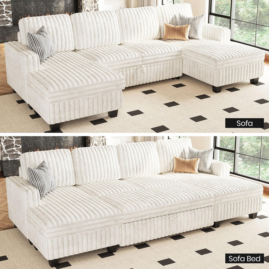Modular Sectional Sleeper Sofa with Pull Out Couch Bed Corduroy Double Chaise with Storage Beige Couch