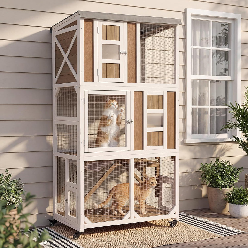 63.5" H Outdoor Cat Enclosure, Wooden Window Catio with Wheels