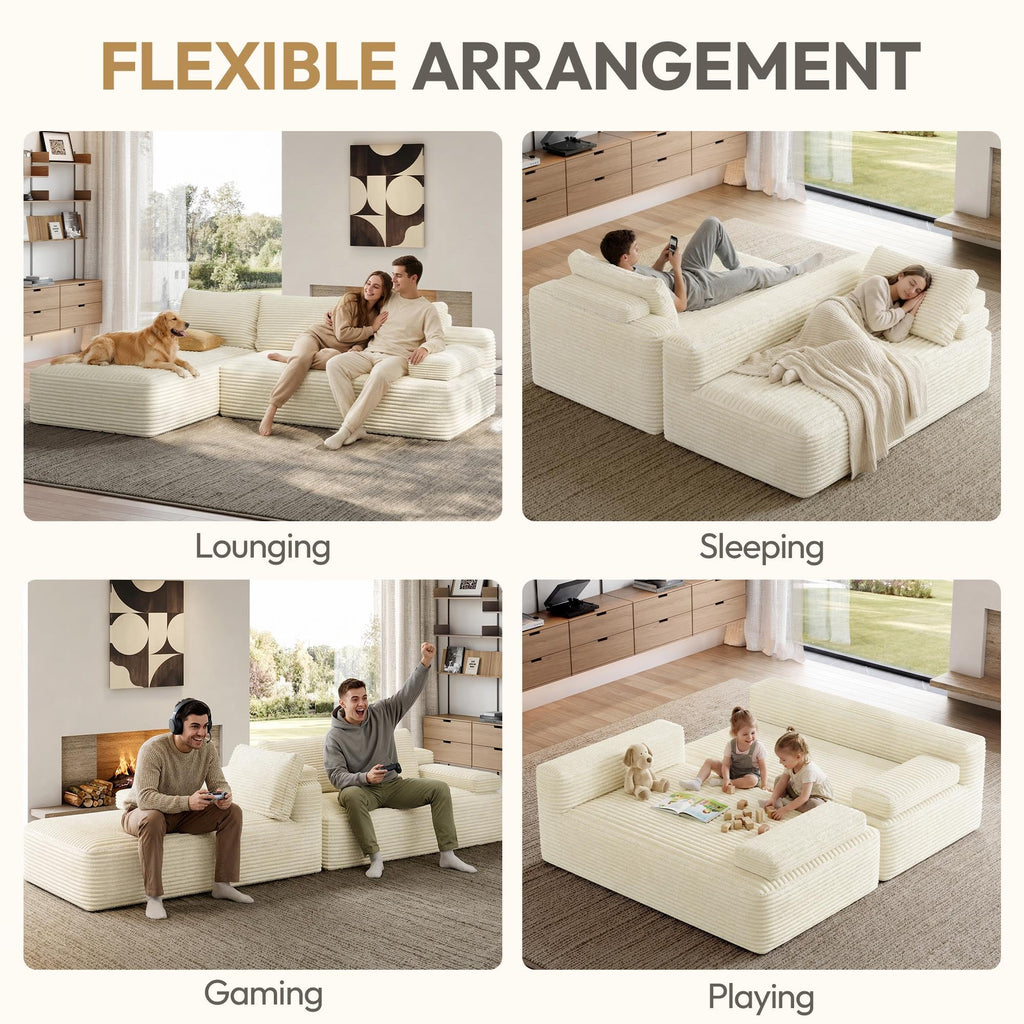 110" Sectional Sofa Boneless Couch with Chaise, Beige