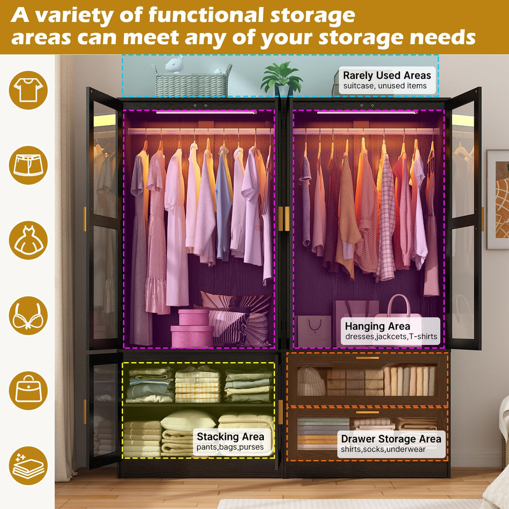 4 Doors Armoire Wardrobe Closet with LED and Mirror, 71" H Freestanding Wooden Wardrobe Closet Cabinet w 2