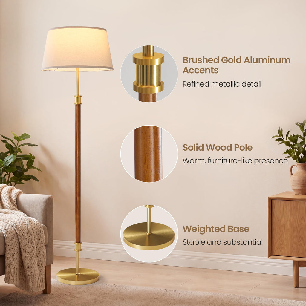 Mid Century Floor Lamp, Dark Walnut Wood Pole Standing Lamp with 18" Linen Shade, Brushed Gold Aluminum Accents, 11"