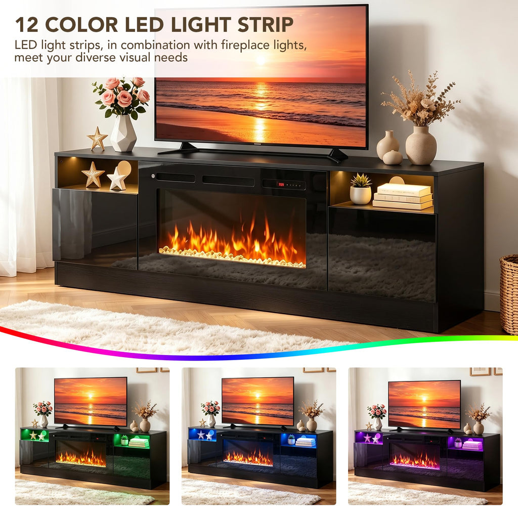 Fireplace TV Stand with 36'' Electric Fireplace Up to 80" TVs, LED Light Entertainment Center, Modern Wood Texture