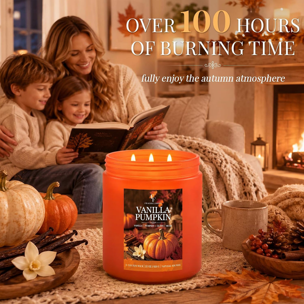 Large Fall Candle Vanilla Pumpkin Scented, 3-Wick 22oz Long Lasting - Set of 22