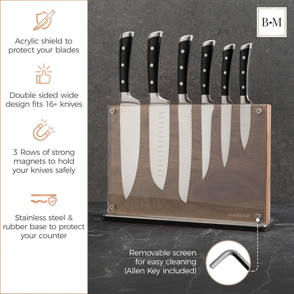 Stylish Large Magnetic Knife Holder - Holds 16+ Knives - Walnut Wooden Knife Block Without Knives - Wide Kitchen