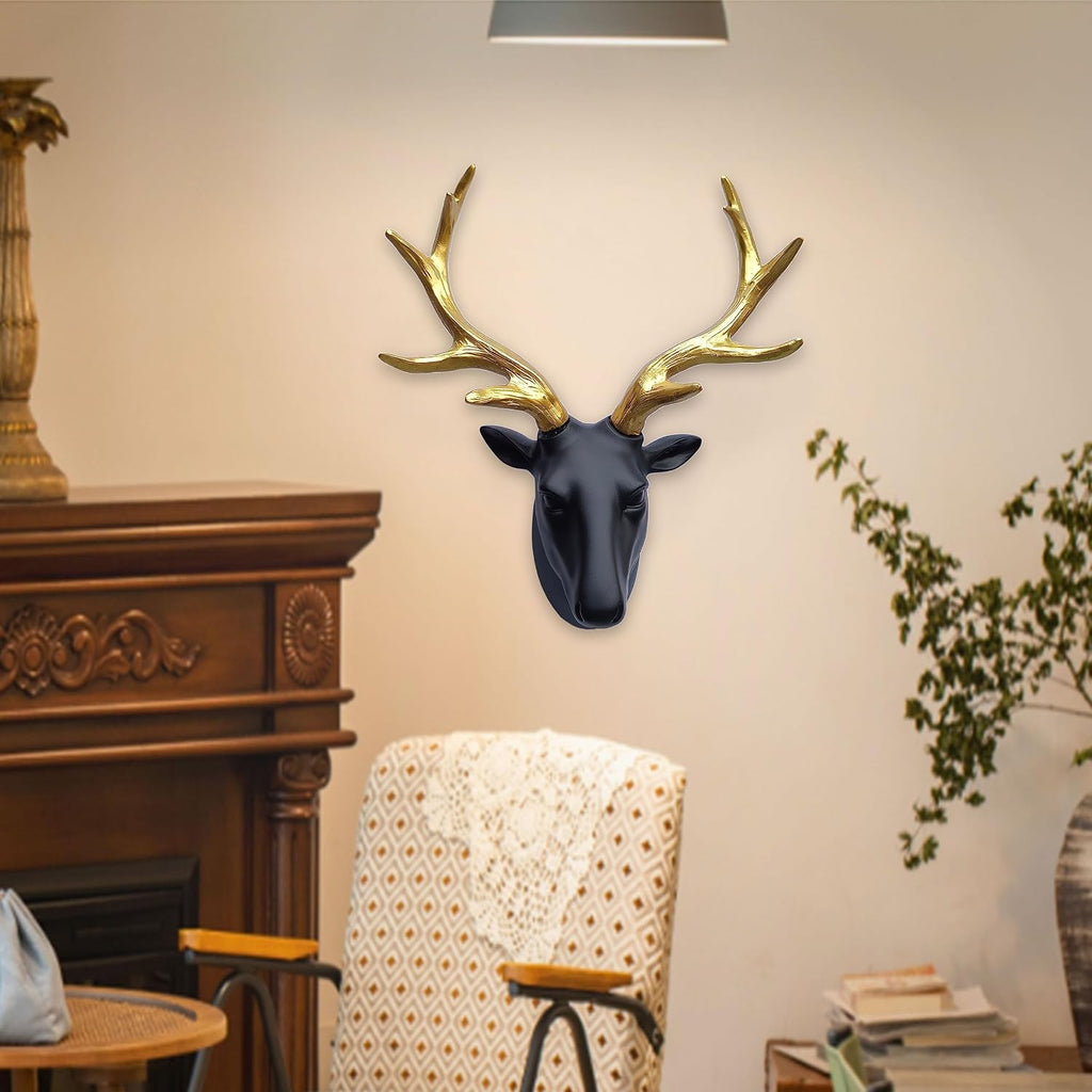 Deer Head Wall Decor-Wall Sculpture Resin Deer Head Gold Antler Faux Skull-Handmade Wall Art Hanging Rustic Animal