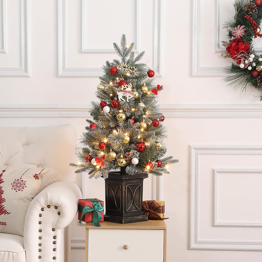 3 ft Pre-Lit Artificial Christmas Tree Tabletop with 78 Warm White Lights, Flocked Potted Christmas Tree with Berry