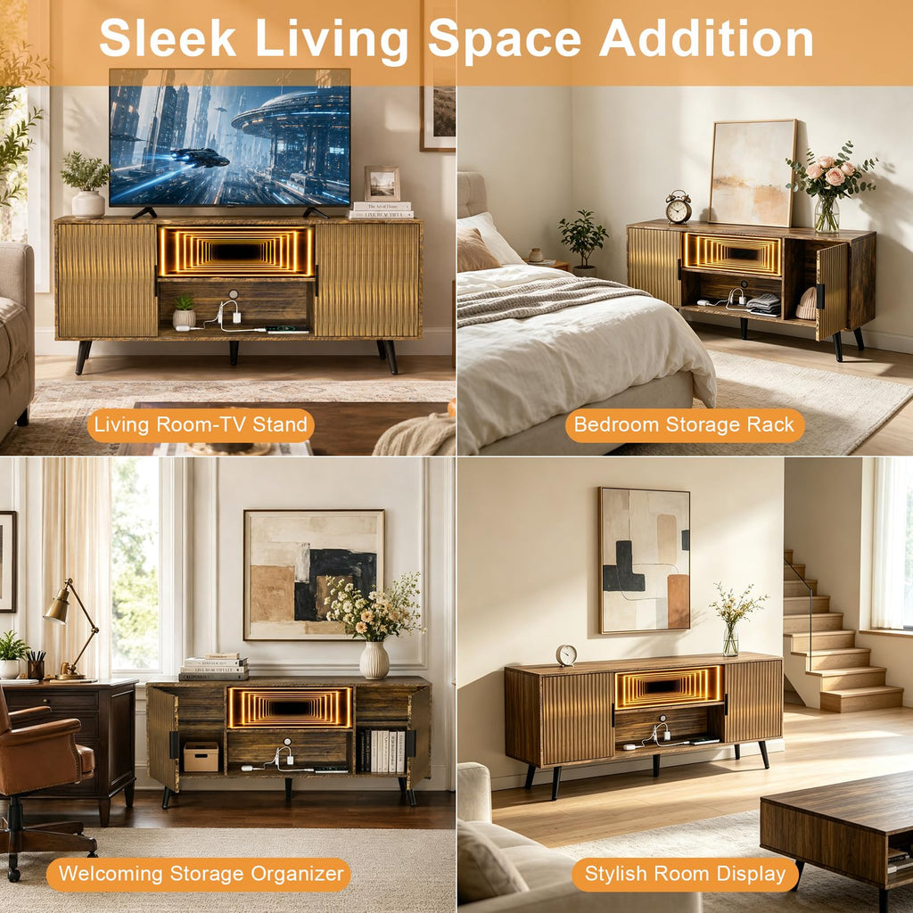 55" Fluted Small Amber TV Stand with Outlet & Fireplace Light