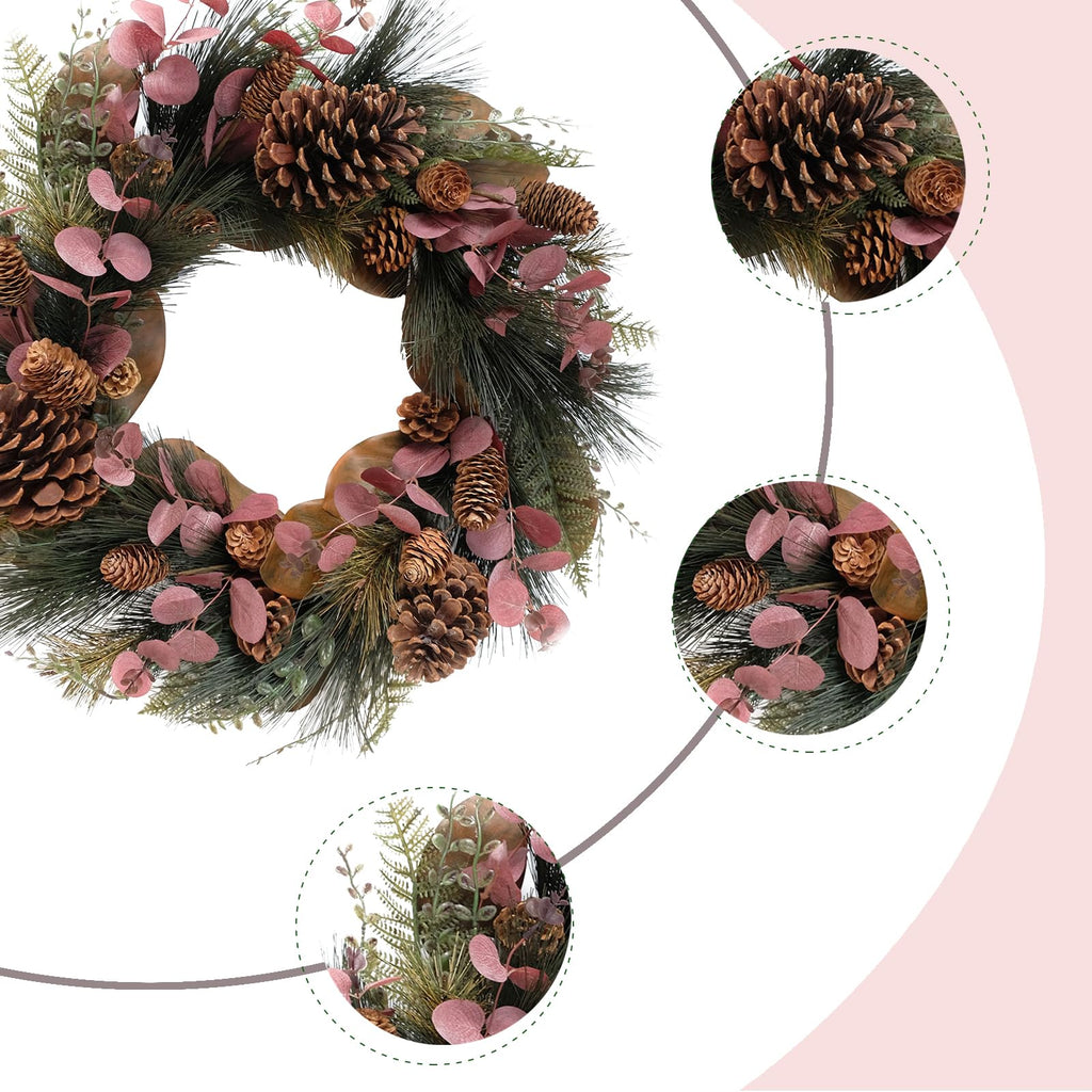20 inch Winter Wreath Magnolia Leaves Red Eucalyptus Leaves with Pine Needle Pine Cone Wreath for Front Door Harvest