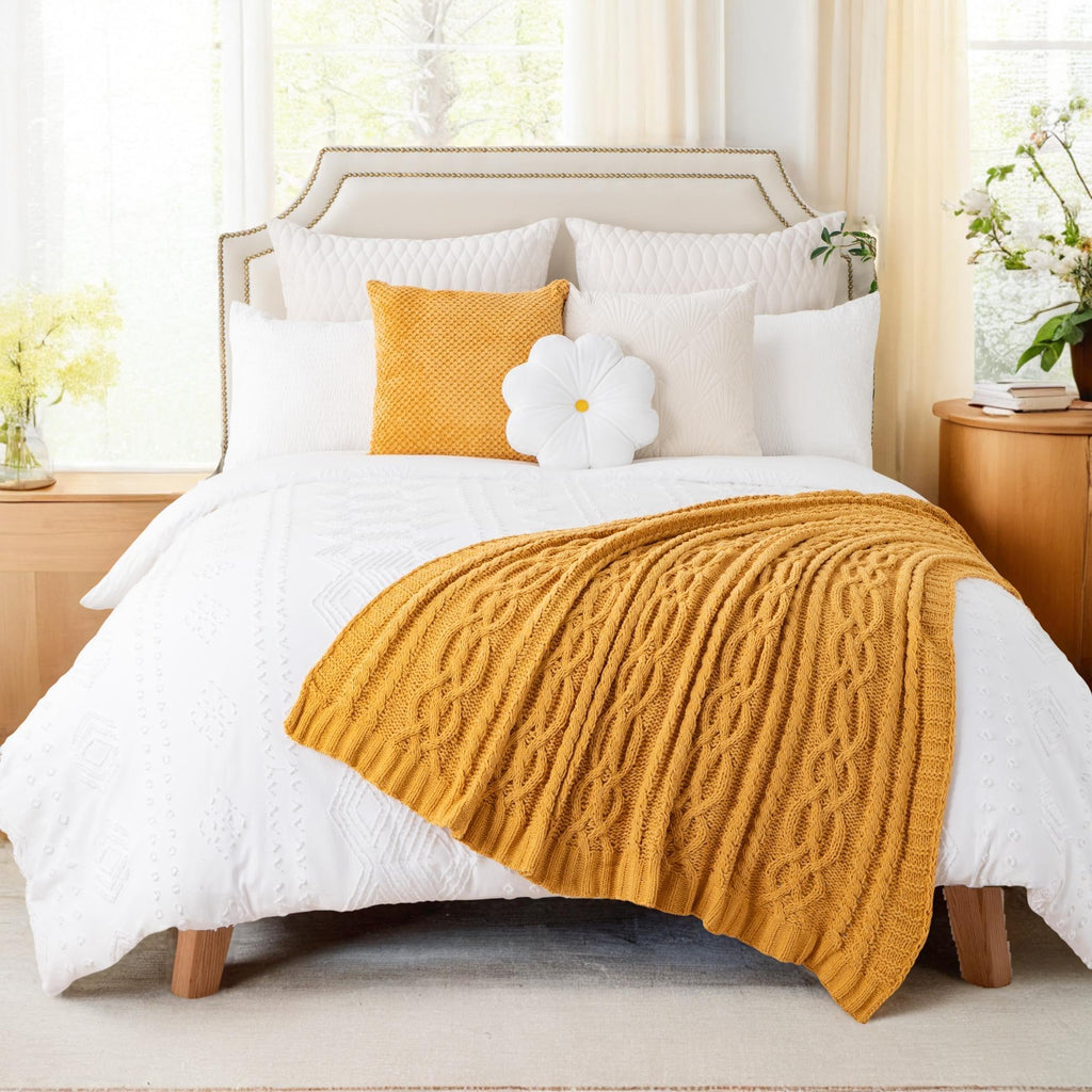 Mustard Yellow Throw Blanket 51"x67" Chenille Knitted Throw Blanket for Couch, Gold Throw Blankets Decor, Summer Fall