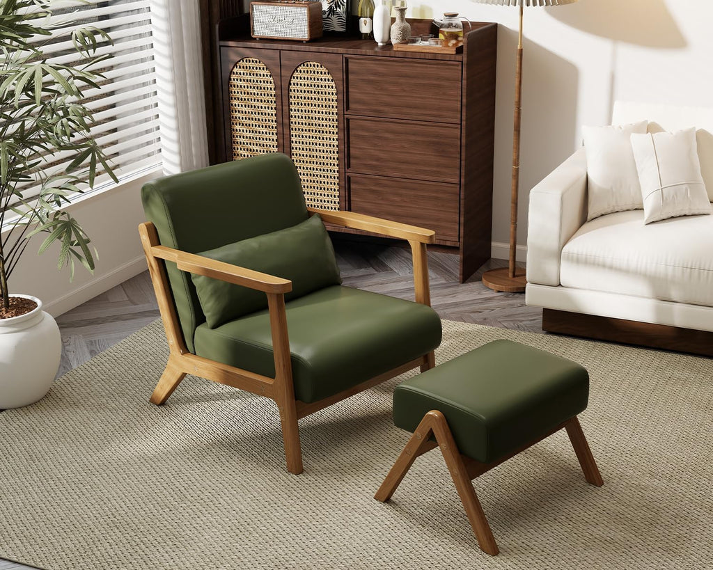 Accent Chair and Ottoman Set, Mid-Century Modern Faux Leather Upholstered Lounge Armchair with Pillow, Solid Wood - Set of 2
