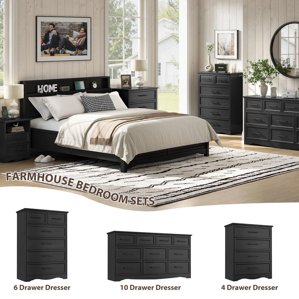 Black 6 Drawer Dresser, 44" Tall Chest of Drawers