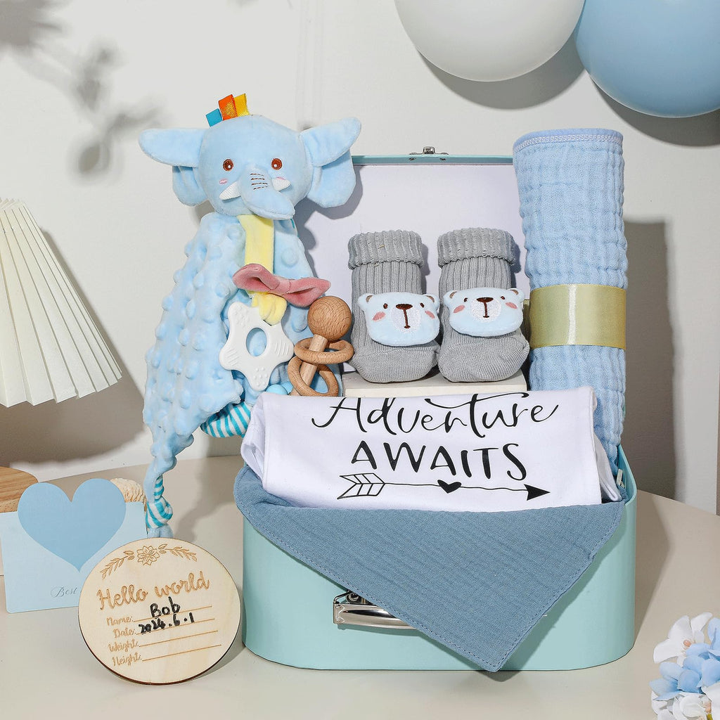 Baby Gift Set Baby Shower Gifts Basket for Newborns New Born Baby Boy Gift Set Blue Baby Gift Basket with Baby Rattle