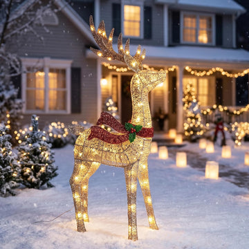 48-Inch Lighted Christmas Reindeer with 70 Warm White LED Lights, Pre-Lit Glitter Mesh Buck Deer with Gold Bells