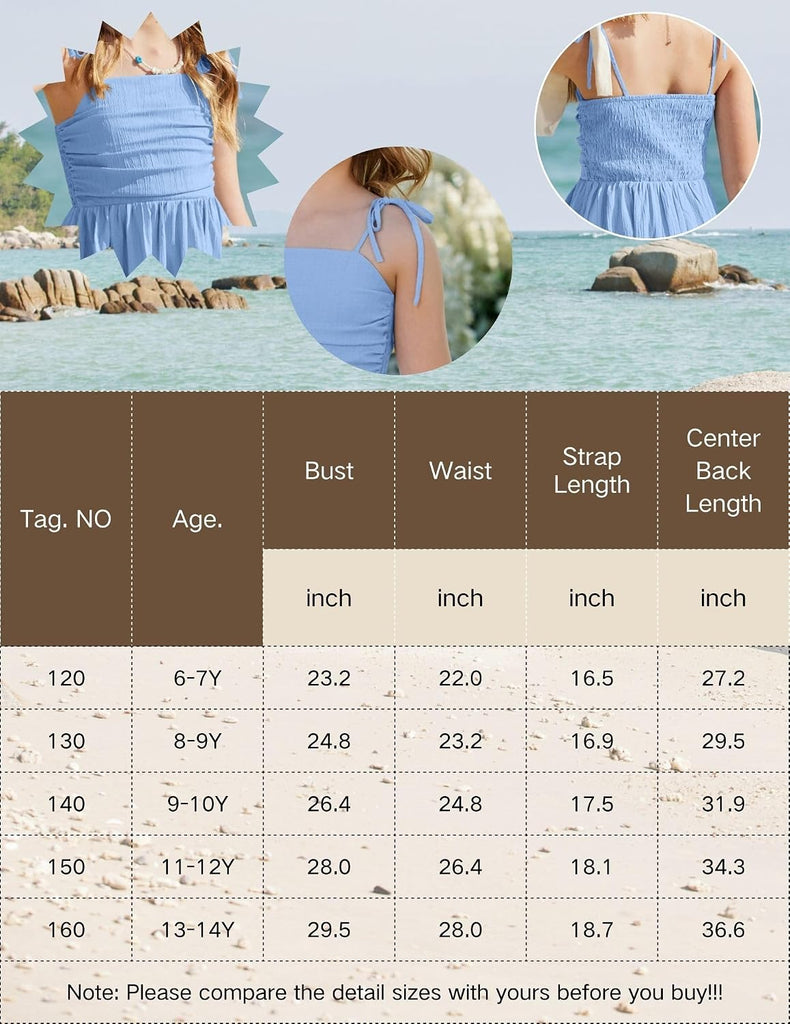 Girls Spaghetti Dress Strap Ruched Flowy Teen Girl Sundress