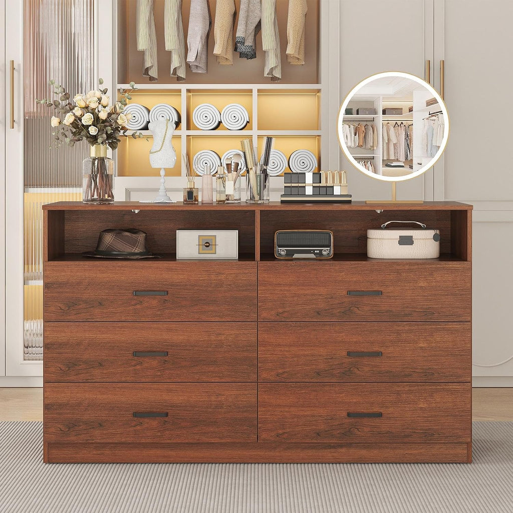 6 Drawers Dresser Wooden Drawer with Open Storage Cubby, Double Wide Dresser Organizer (Walnut Brown)