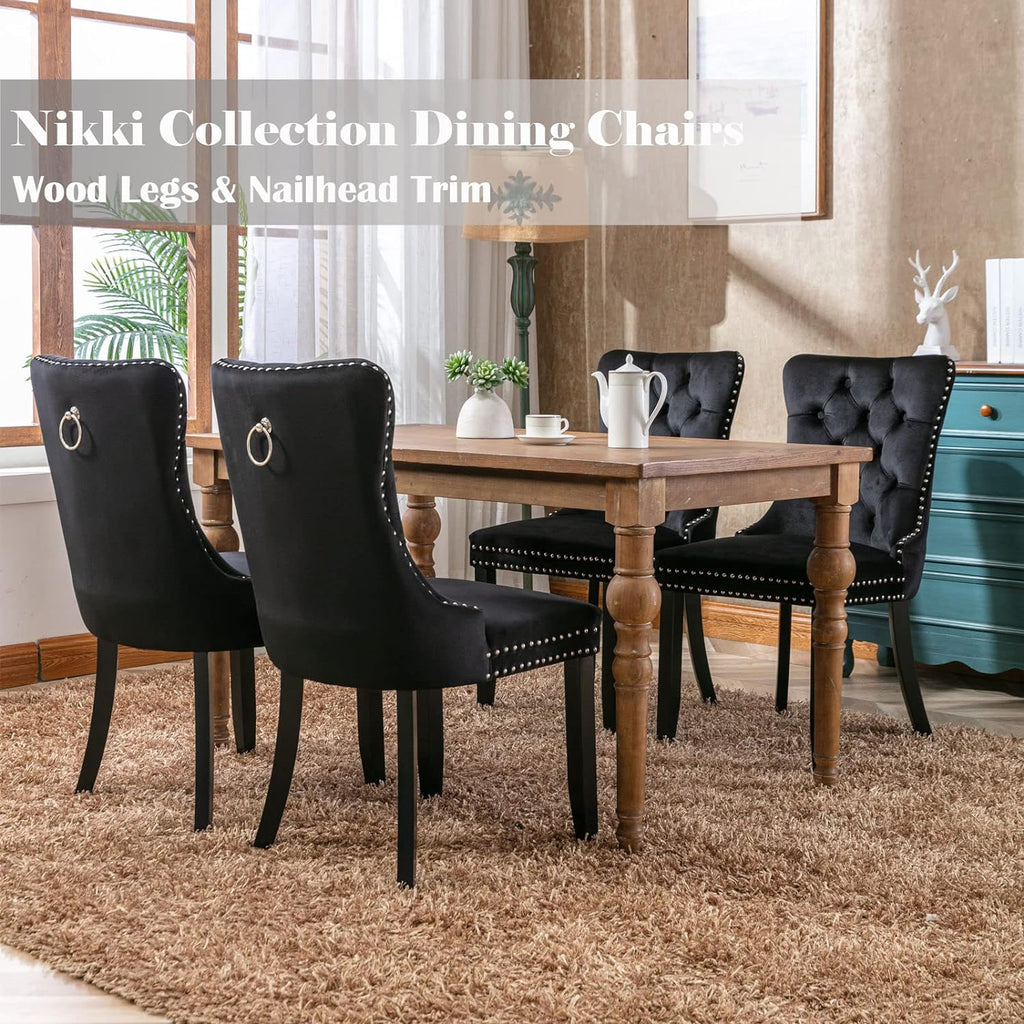 Black Velvet Dining Chairs Set of 4, Upholstered Dining Room Chairs with Back Ring Pull Trim and Solid Wood Legs