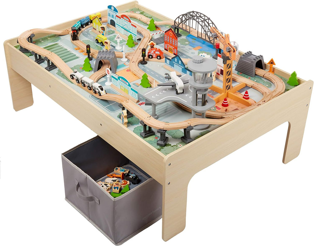 120 Piece Wooden Train Set with Activity Table, Sturdy Tracks, Storage Bin, Easy to Assemble, Kids Gift for Age 3Y+