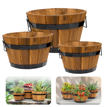 Set of 3 Wooden Flower Boxes Outdoor, Durable Acacia Wood Barrel Planters for Outdoor Plants with Ergonomic Handles