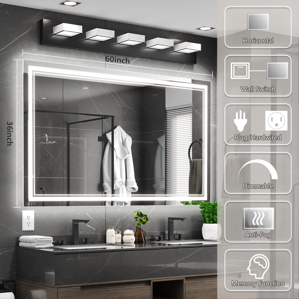 60x36 LED Bathroom Mirror with Lights, Backlit+Front Lit, Anti-Fog