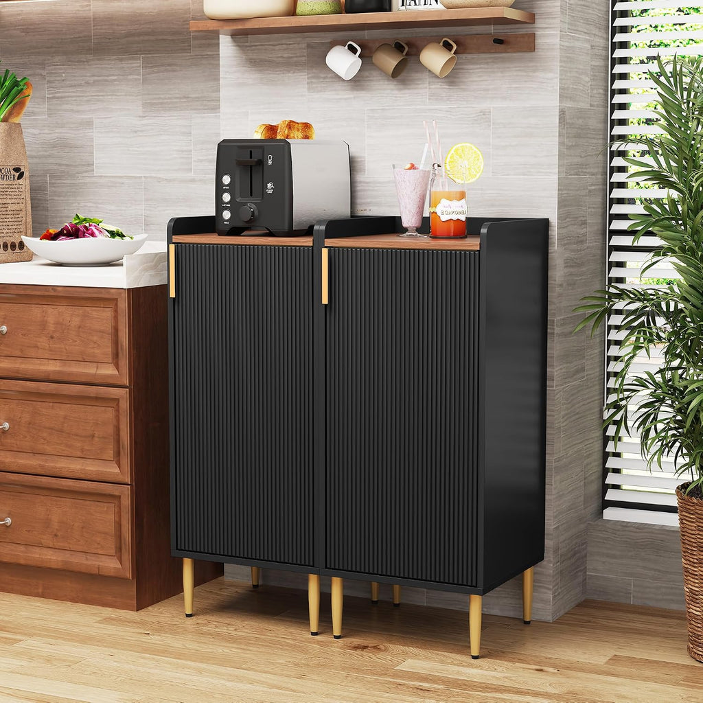 Mini Bar Cabinet , Fluted Wine Bar Cart with Wine Racks & Wine Glass Holder, Modern Corner Liquor Cabinet (Black)