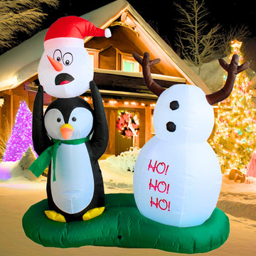 5FT Inflatable Snowman and Penguin Outdoor Decoration, Christmas Blow Up Yard Decorations, Built-in LED Lights
