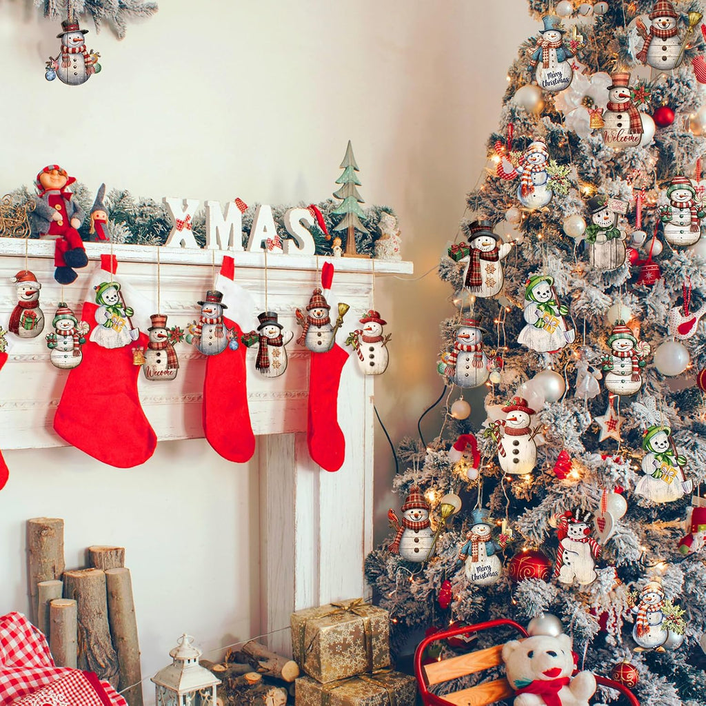 Christmas Tree Ornaments Snowman Christmas Decor, Rustic - Set of 36