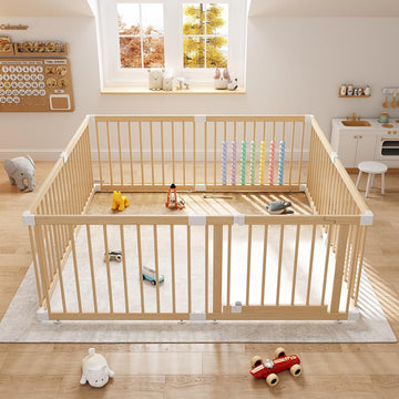 Wooden Baby Playpen, 8 Panels Fence for Babies and Toddlers 63.5"×63.5" | Size Adjustable Baby Play Yard with Locking