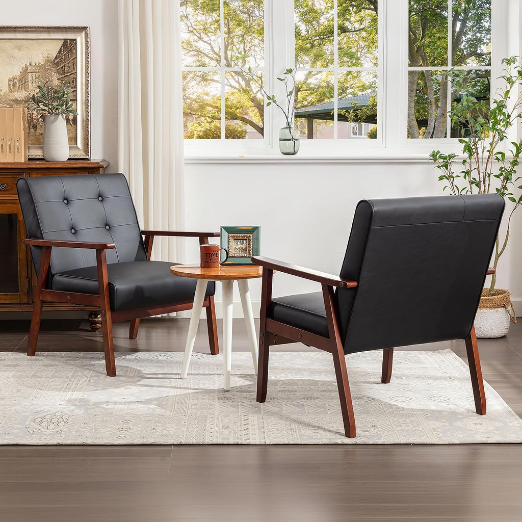Black Leather Accent Chair, Waiting Chair with Wooden Arms