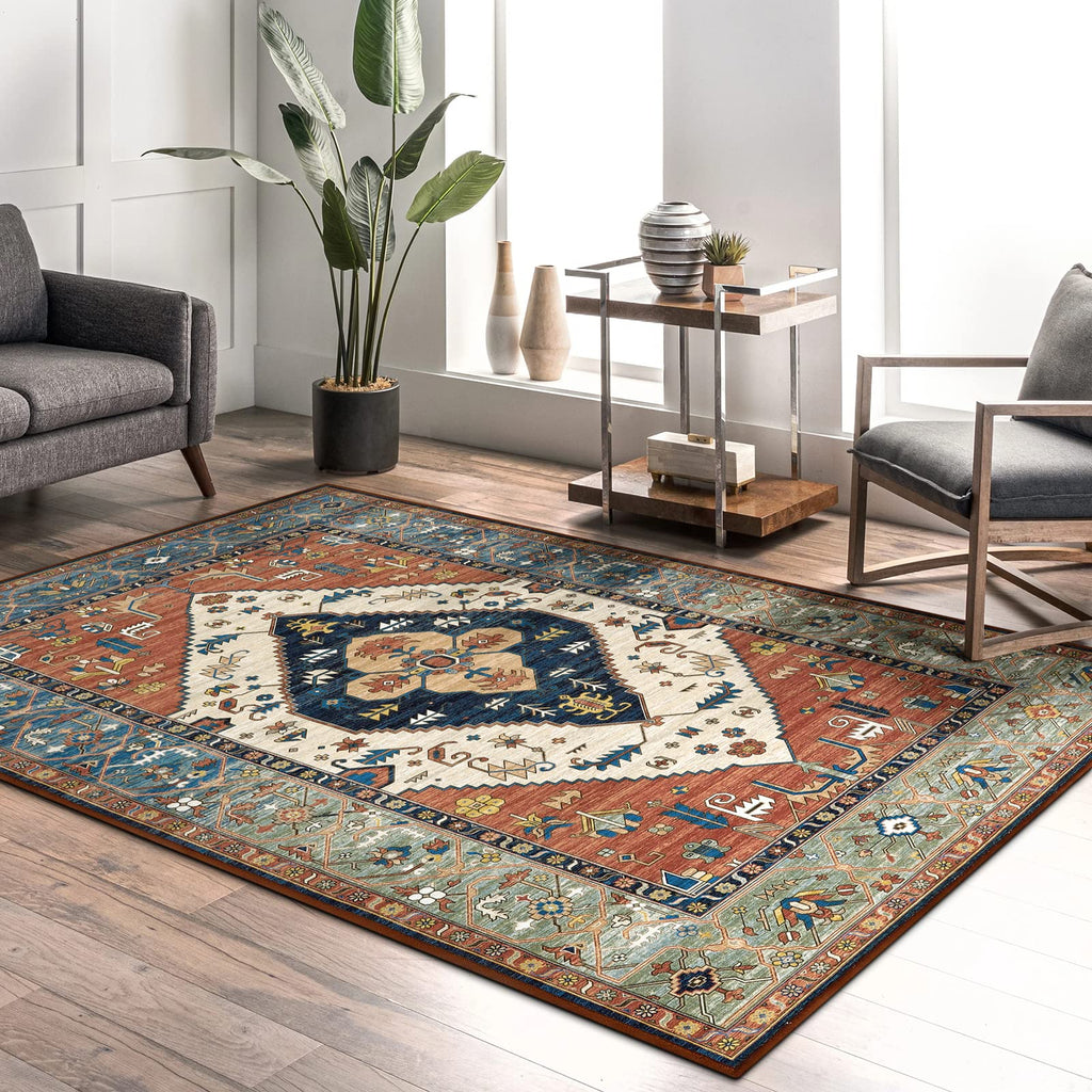 Oriental Washable Rug, Boho Entryway Dorm Rug with Non Slip Backing, Vintage Tribal Medallion Low Pile