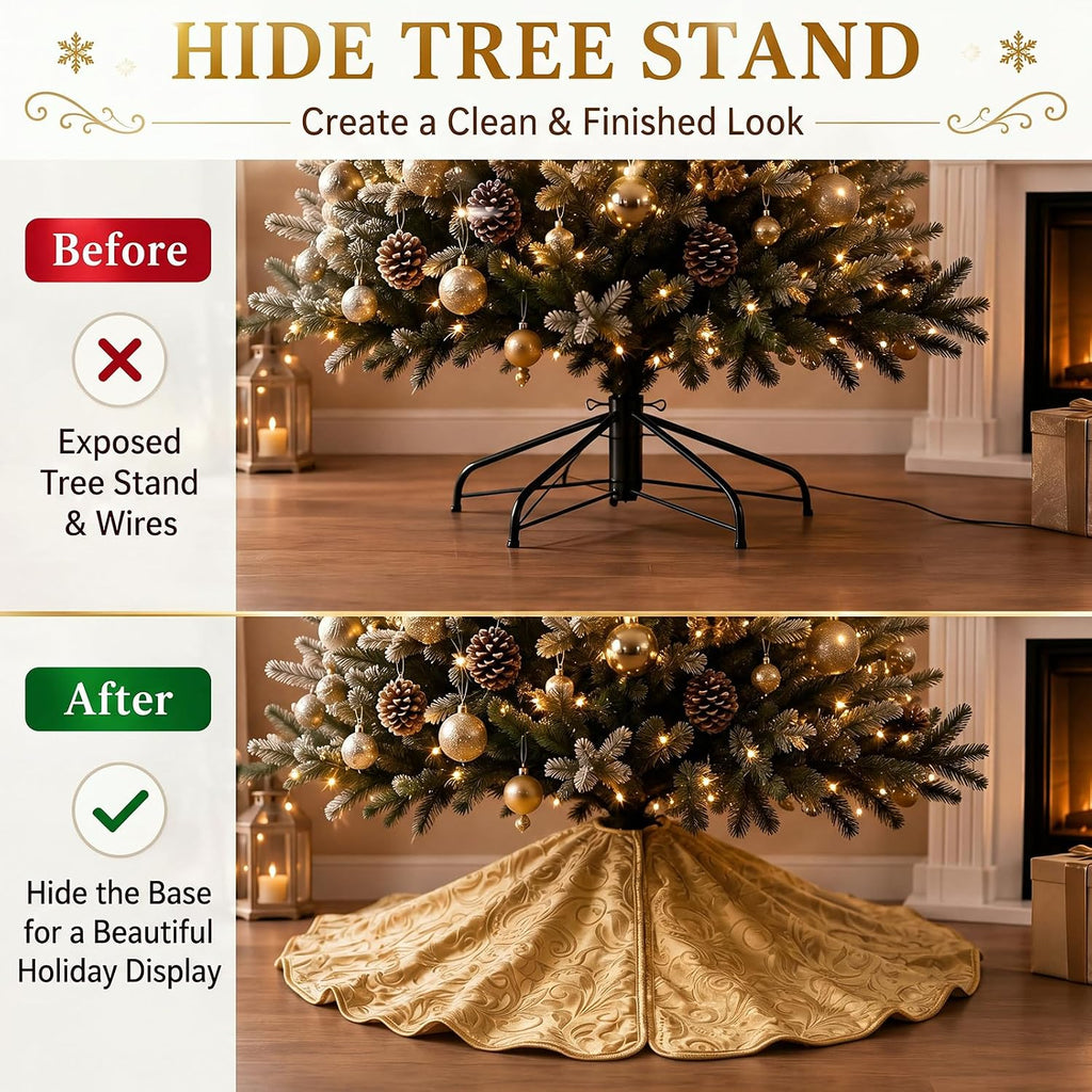 Velvet Christmas Tree Skirt Decor, 60 Inches, Scalloped Edge, Gold