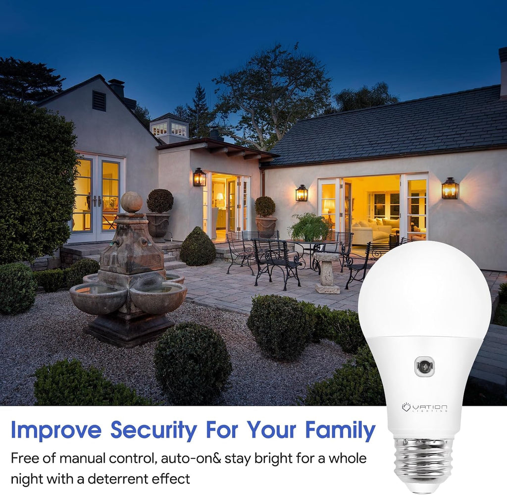 A19 Dusk to Dawn Sensor LED Light Bulbs Outdoor, Warm White 3000K, Energy Efficient 9W(60 Watt Equivalent), E26