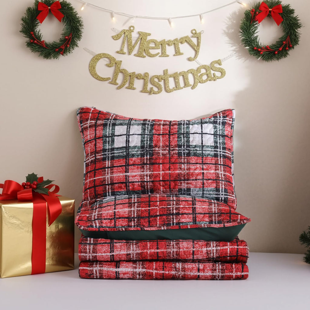 Christmas Quilt Set King Size, Red Plaid Christmas Bedding