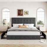 Upholstered King Platform Bed Frame with 4 Storage Drawers and Headboard, Square Stitched Button Tufted