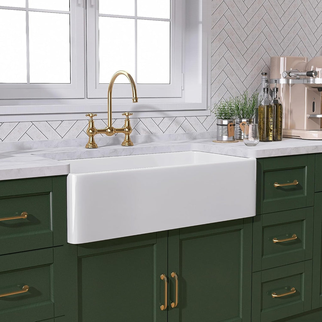 White Farmhouse Sink 33 inch Fireclay Apron Front Farm House Kitchen Sink Single Bowl Deep Drop In Undermount