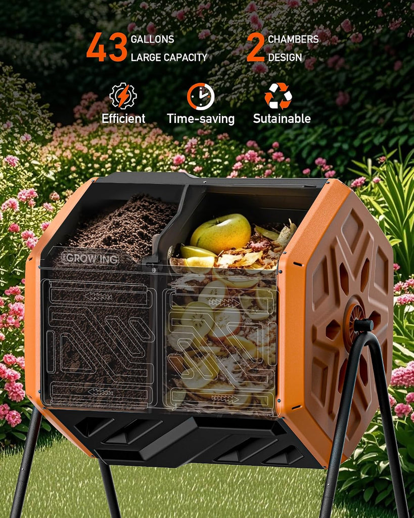THE Growing 43 Gal Outdoor Compost Bin Tumbler for Backyard Yard, Orange | Twin 21.5gal chambers hold recycling.