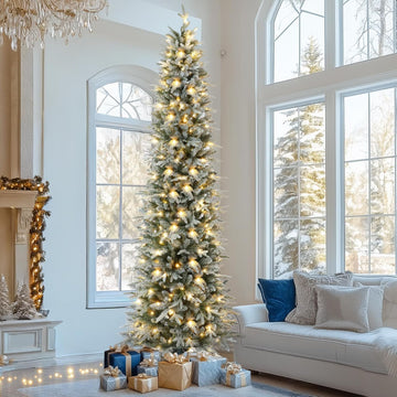 Pre-Lit Slim Christmas Tree with Remote & Color/Warm White 500 LED Lights, 2300 PE/PVC Tips, Snow Flocked