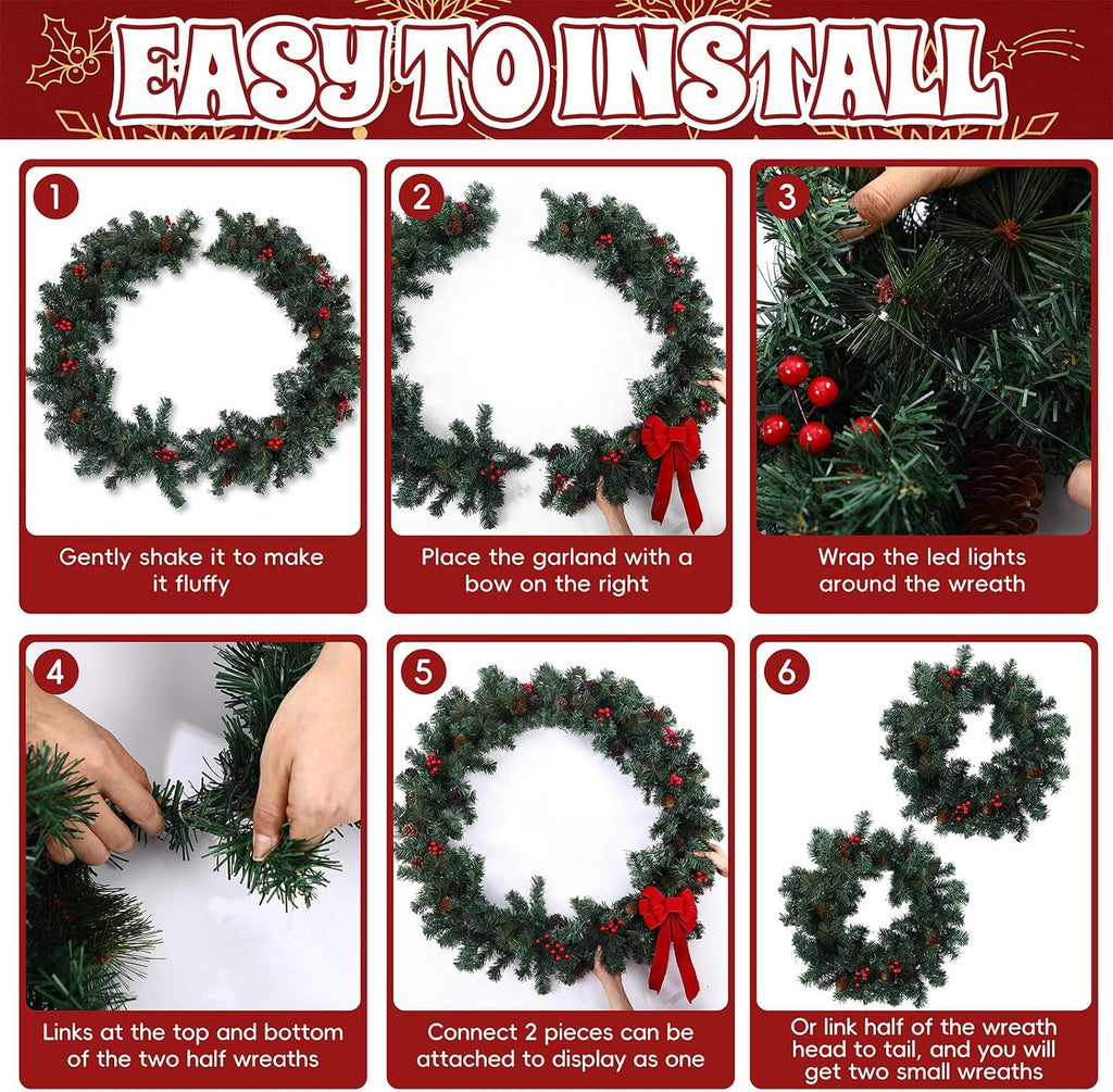35 Inch Double Door Cordless Wreath, Pre-lit