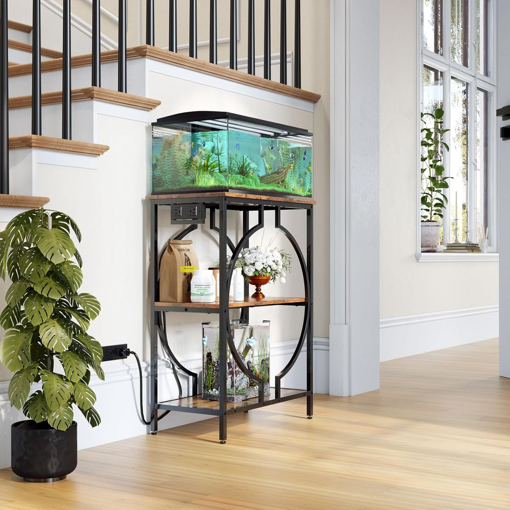 10 Gallon Aquarium Stand with Power Outlet, 3 Tier Heavy Duty Metal Fish Tank Stand with Storage, Fish Tank Table