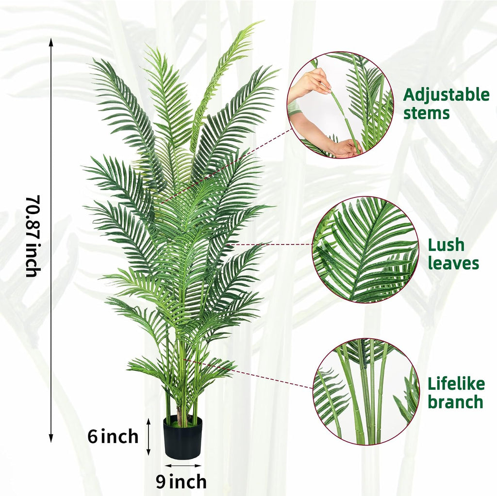 6FT Artificial Palm Tree,Faux Areca Palm Plant with Real Touch Leaves and Adjustable Branches,Fake Tropical Palm Tree