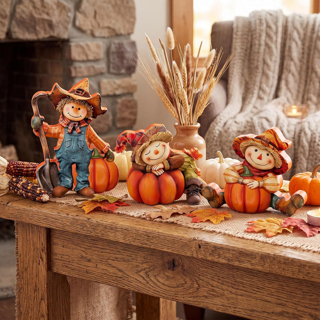 Fall Wooden Scarecrow with Pumpkins Table Decor Set - Set of 3