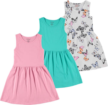 Pack Girls' Dresses, Kids Casual Fit and Flare Sleeveless Summer Dress & School Outfit, 100% Cotton