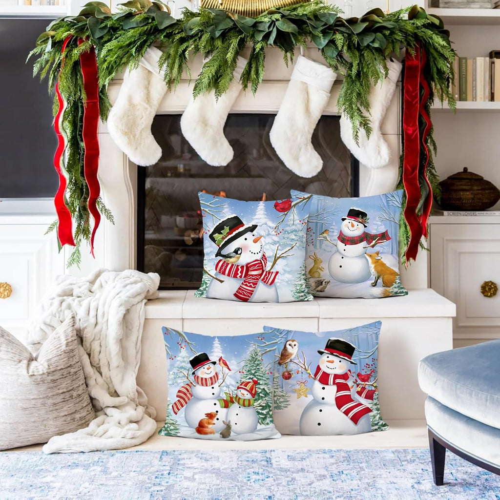 Christmas Winter Snowman Throw Pillow Covers 18x18 Inch Snowy Forest Pine Tree Winter Holiday Decorative Pillows - Set of 4