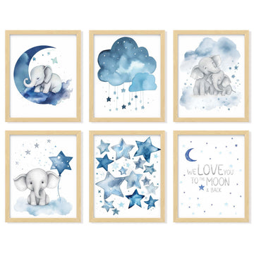 Framed Elephant Nursery Wall Art, 6 Pcs 8x10, Beige Frame