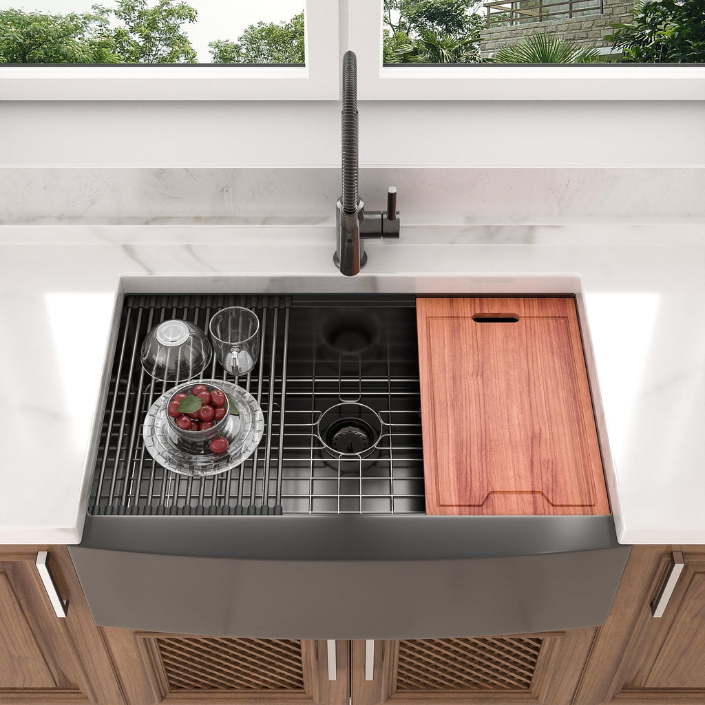 36 Black Farmhouse Sink - 36 Inch Kitchen Sink Ledge Workstation Gunmetal Black 16 Gauge Single Bowl Apron Front Farm